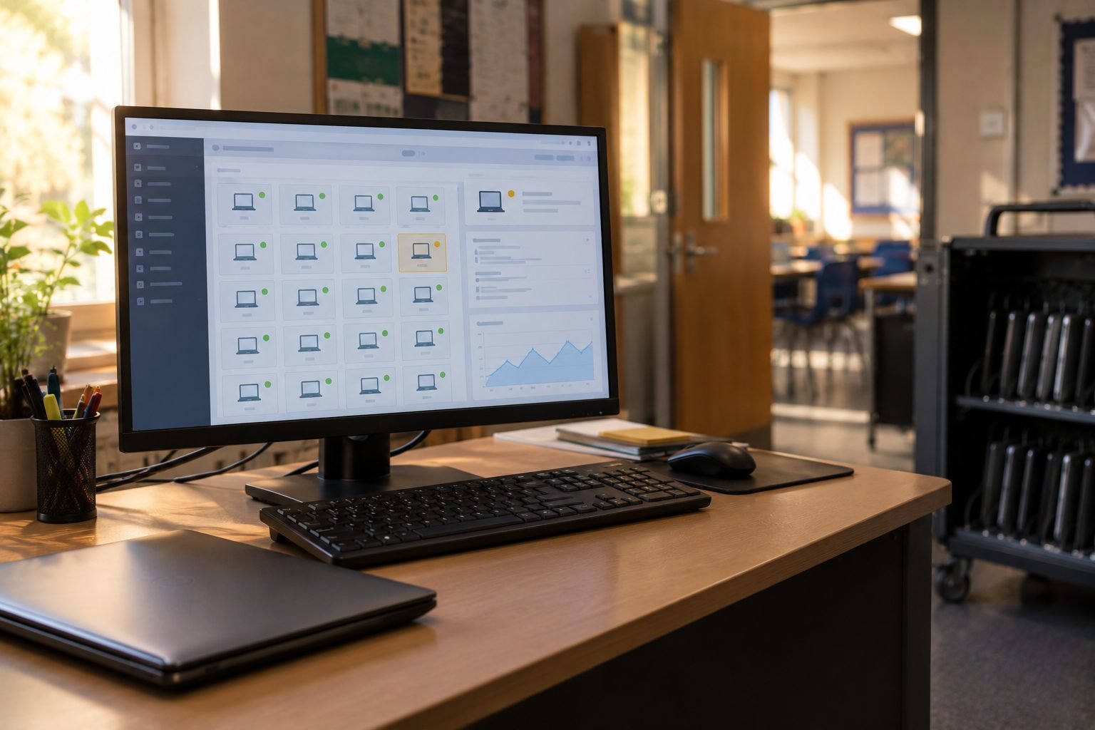 An endpoint protection console on a school office monitor, a grid of device tiles with one flagged amber, a laptop trolley beyond the doorway