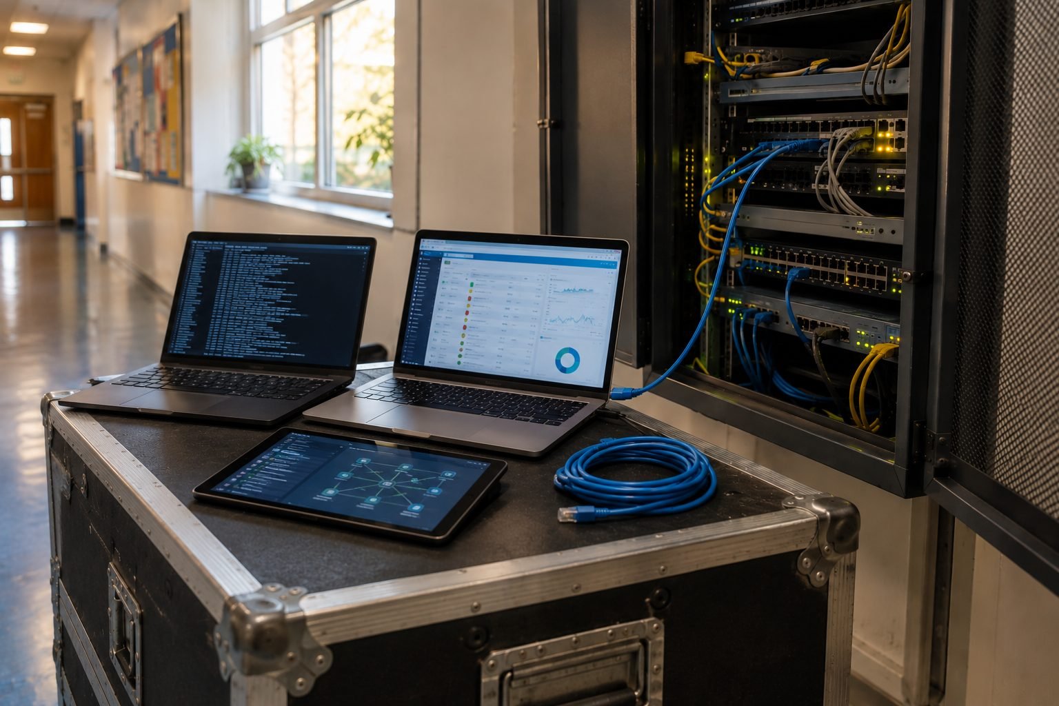 Two laptops and a tablet on a flight case, tethered by ethernet into an open comms cabinet in a school corridor